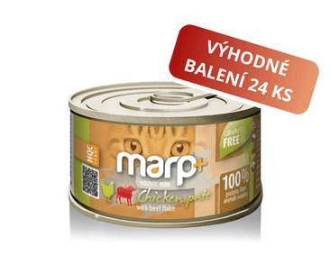 MARP HOLISTIC PLUS KONZERVA PRE MAČKY – KURACIE PATÉ S HOVÄDZÍMI KÚSKAMI 24X70G