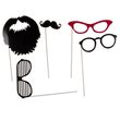 Party photo accessories on stick (Moustache, Lips, Hat, Crown, Glasses, Beard) set of 17 pcs. in polybag with headercard