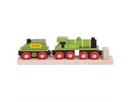 Bigjigs Rail Zelená lokomotiva s tendrem + 3 koleje