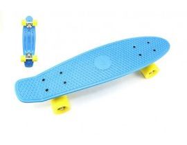 Skateboard 60cm nosnost 90kg, kovové osy, modrá barva, žlutá kola