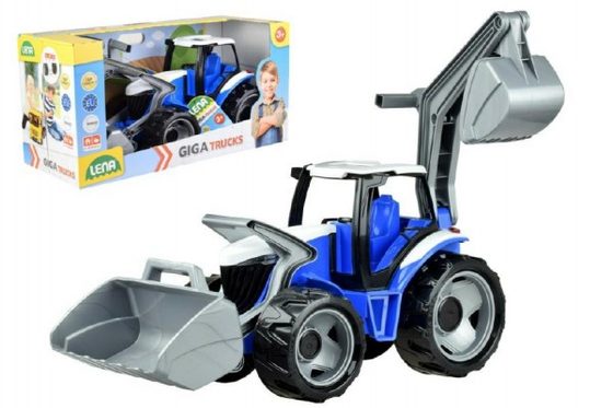 Traktor se lžící a bagrem plast modro - šedivý 65cm v krabici od 3 let