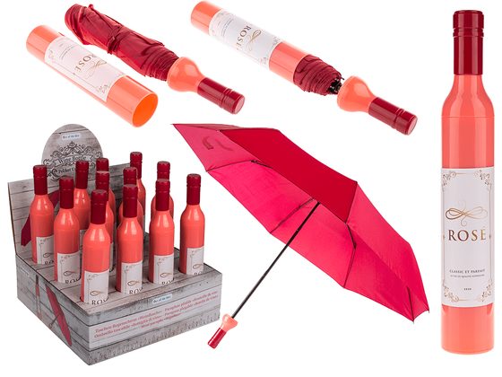Skládací deštník, láhev růžového vína,