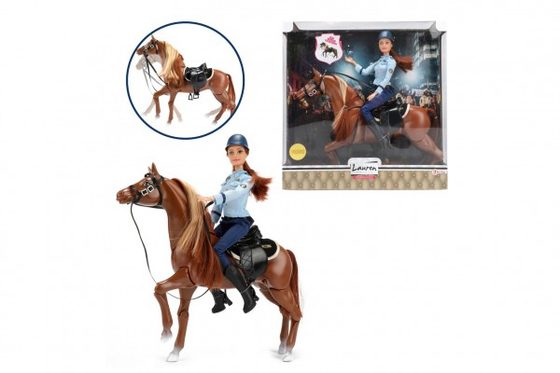 Panenka policistka kloubová 30cm na koni se sedlem plast v krabici 34x35x10cm