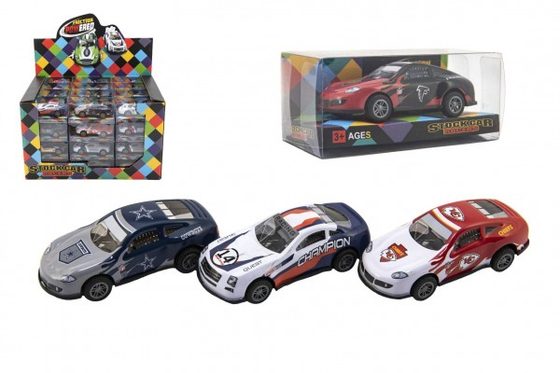 Auto závodní kov/plast 8,5cm na zpětné natažení mix barev v krabičce 10x4,5x5cm 36ks v boxu