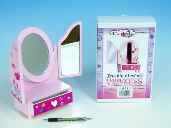Zrcadlo šperkovnice Princess 3-dílné zásuvka dřevo 16x25x8cm v krabici