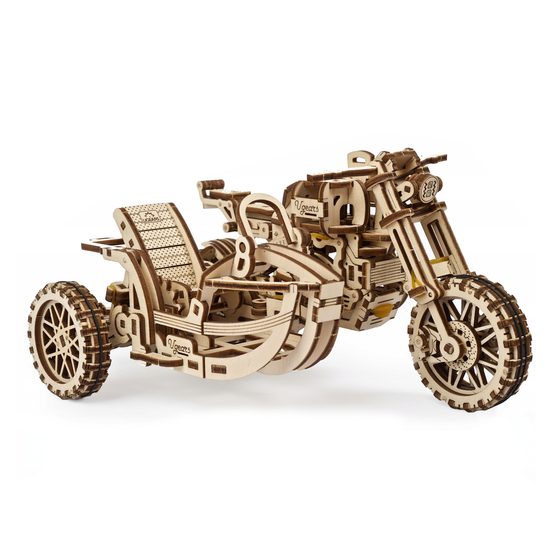 Ugears 3D dřevěné mechanické puzzle Motorka s vozíkem