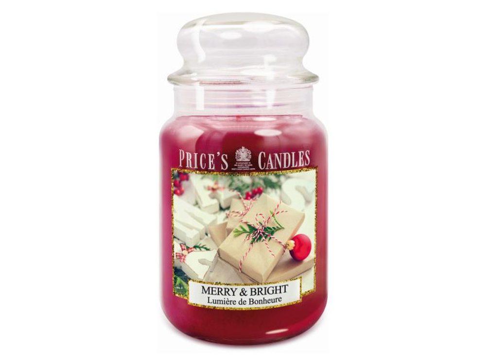 PRICE´S MAXI vianočná sviečka ve skle Merry & Bright - horenie 150h