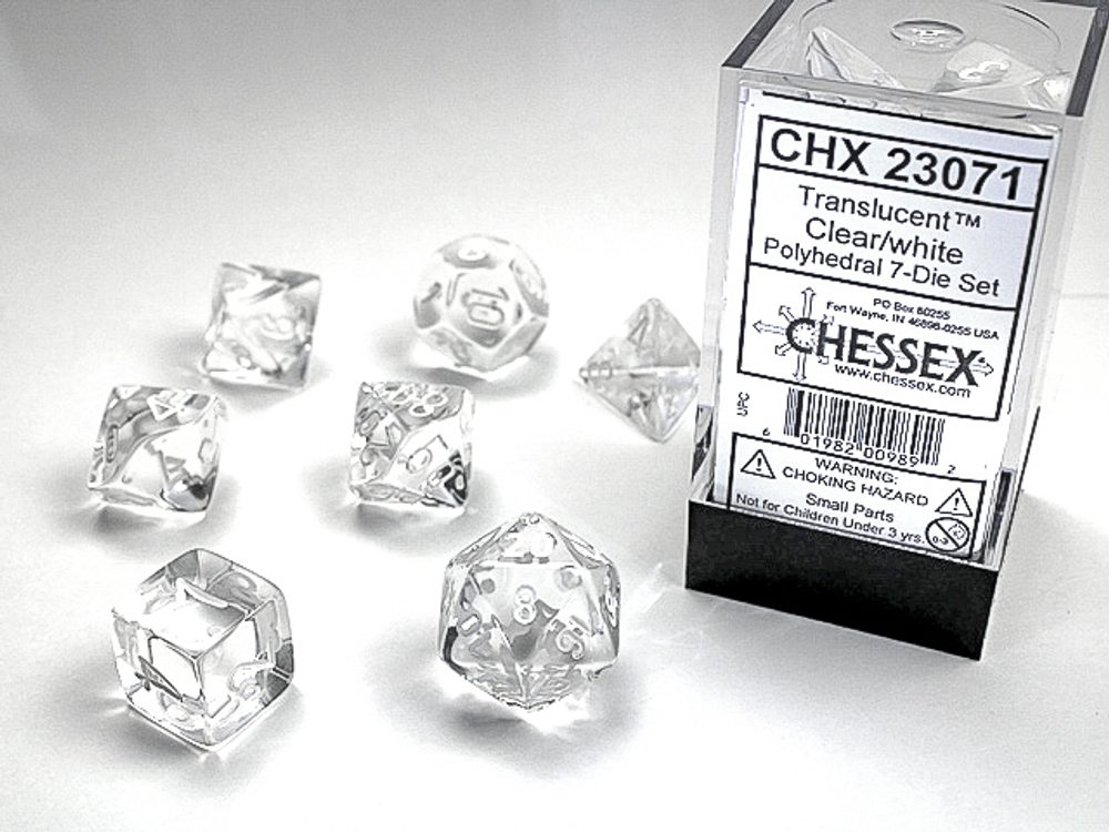 Chessex Sada 7 vícestěnných kostek - průhledná - Bílá