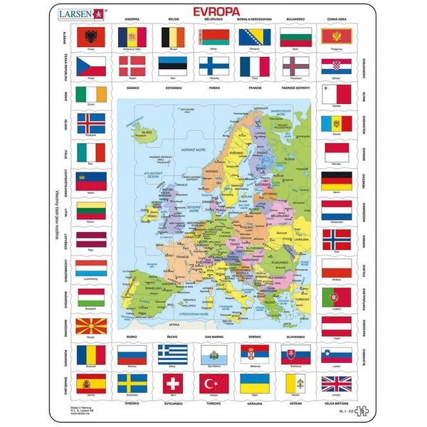 Puzzle vzdělávací: Evropa mapa s vlajkami 70d