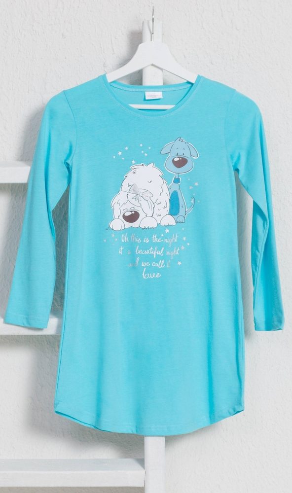 Vienetta Secret Detská nočná košeľa s dlhým rukávom Little dogs - 5 - 6 rokov - tyrkysová