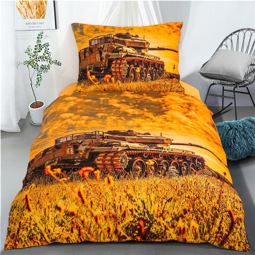 3D povlečení 140x200, 70x90 cm - Tank na poli