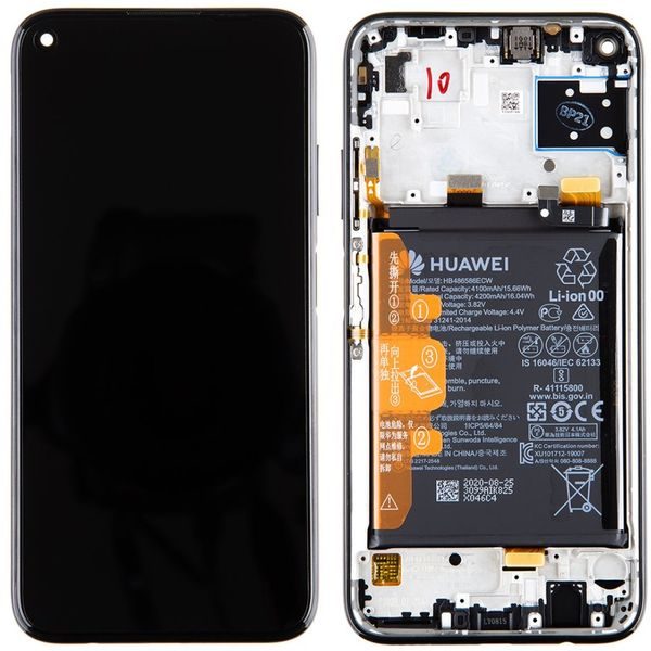 Huawei P40 Lite LCD displej dotykové sklo včetně rámečku a baterie (Service Pack) Midnight Black