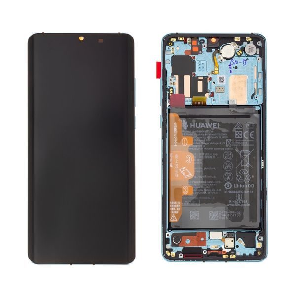 Huawei P30 Pro LCD displej dotykové sklo komplet přední panel včetně rámečku Aurora Blue (Service Pack)