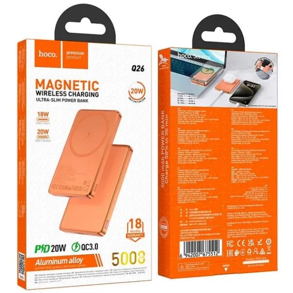 Powerbanka HOCO Q26 5000 mAh, 20 W PD, MagSafe, bezdrôtové nabíjanie, oranžová