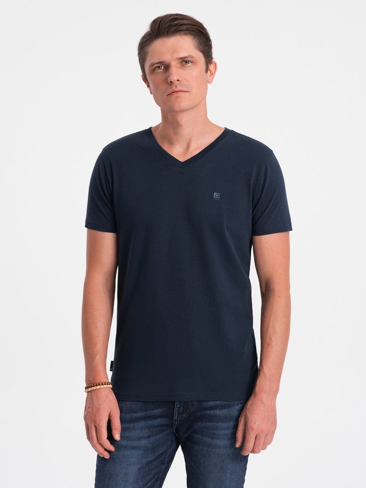 Ombre Clothing Trendi sötét kék póló V-nyakkivágással  V2 TSCT-0106