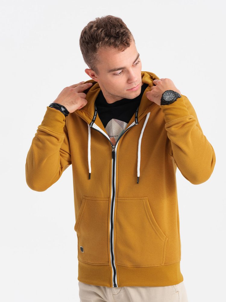 Ombre Clothing Trendi mustár színű kapucnis felső  V4 OM-SSBZ-0118