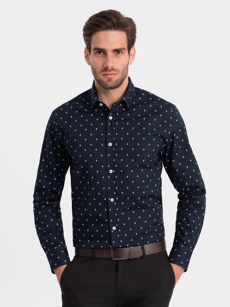 Ombre Clothing Érdekes sötét kék ing trendi mintával  V2 SHCS-0156