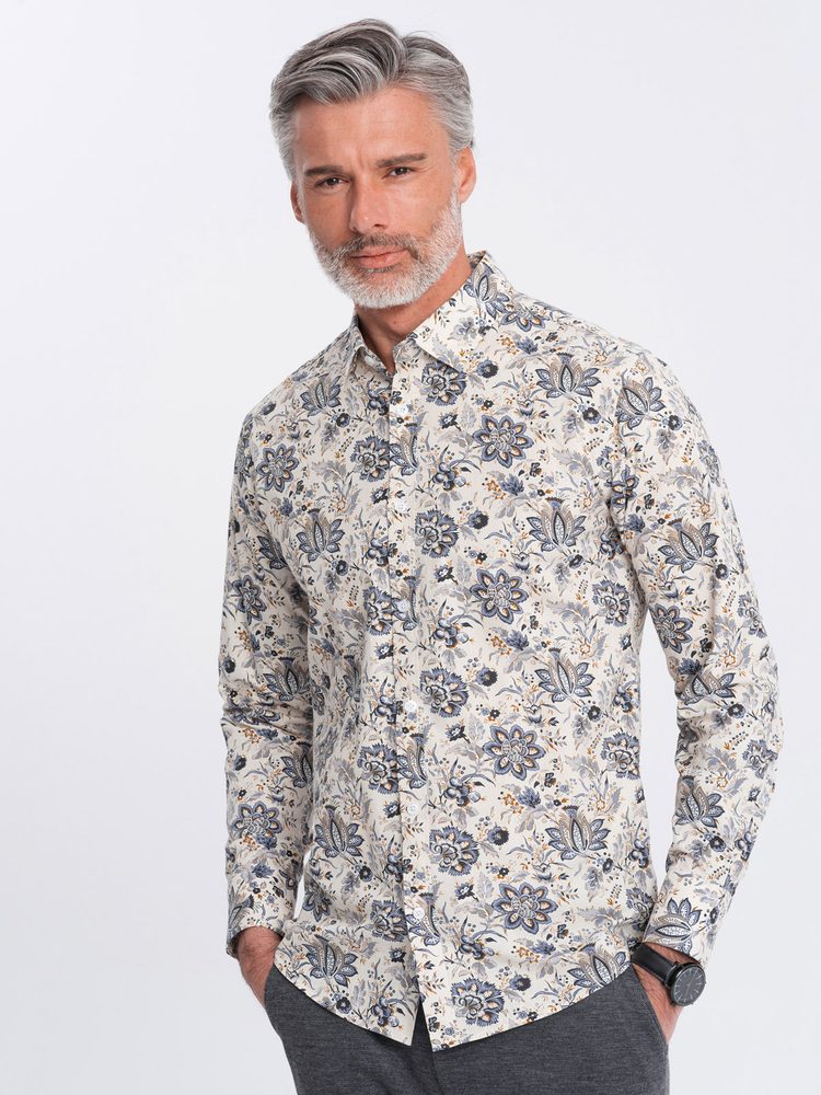 Ombre Clothing Bézs színű ing virágmintával V1 SHPS-0139