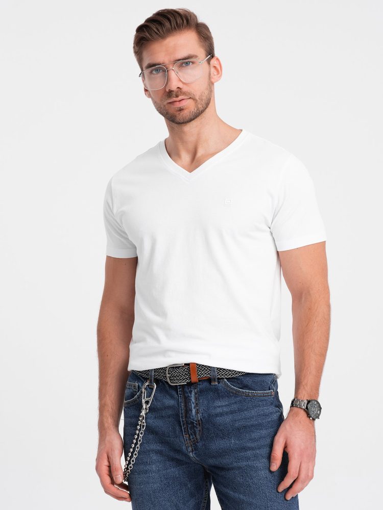 Ombre Clothing Trendi fehér póló V-nyakkivágással  V1 TSCT-0106