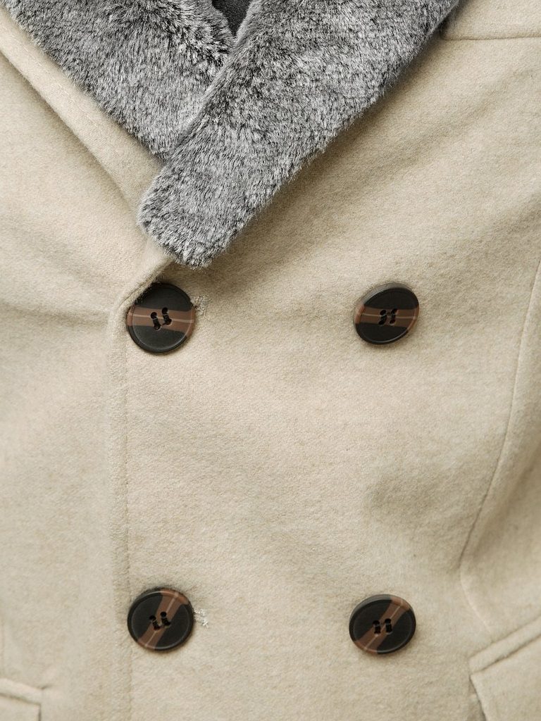 Bézs színű elegáns kabát műszőrme díszítéssel O/5626 - Legyferfi.hu
