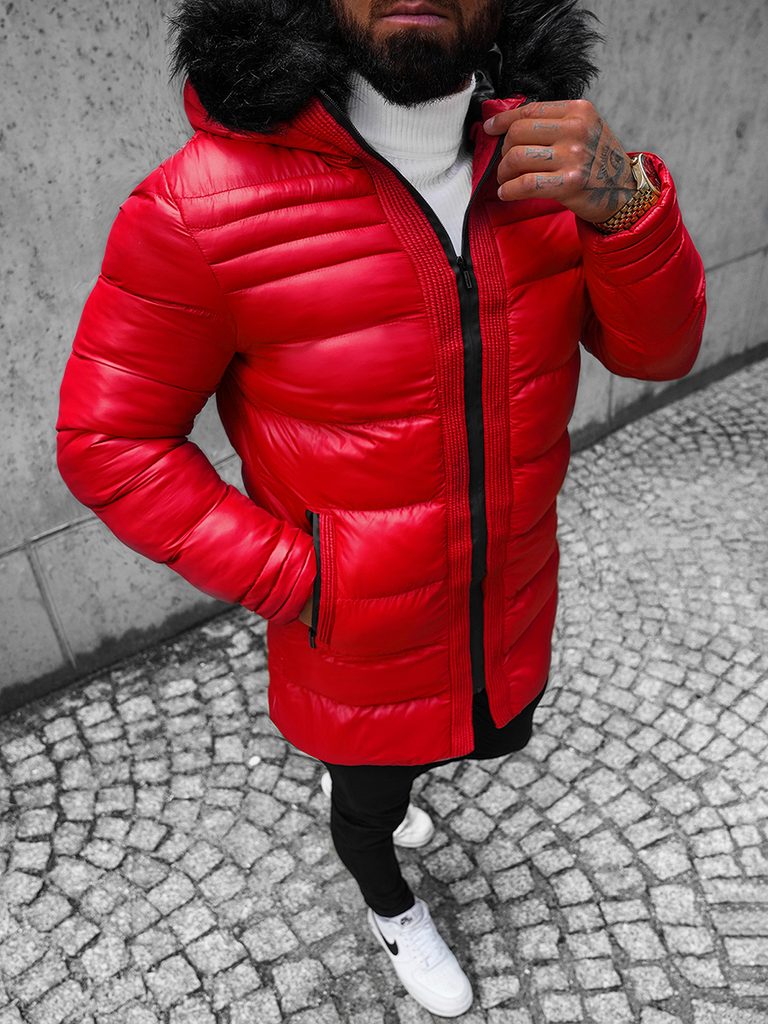 Stílusos piros kabát szőrmés gallérral O/M801Z - Legyferfi.hu