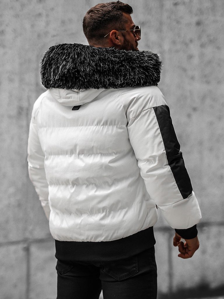 Stílusos fehér téli kabát szőrmés gallérral O/M798 - Legyferfi.hu