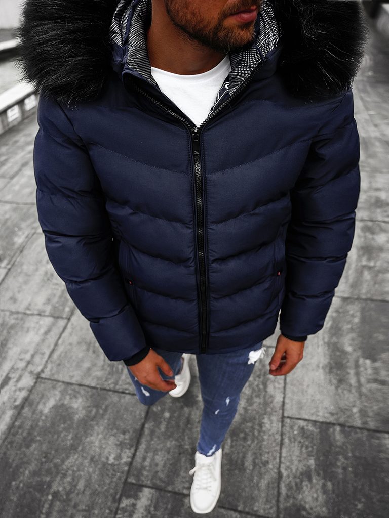 Trendi sötét kék szőrme galléros téli kabát JS/M8106 - Legyferfi.hu