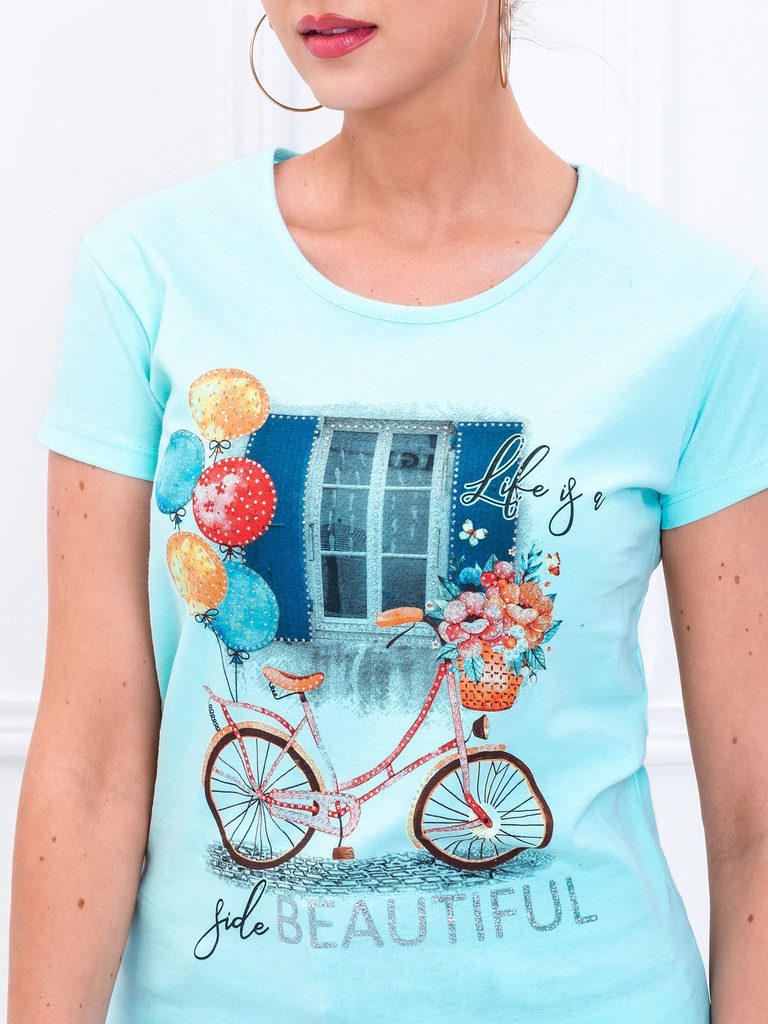 Különleges menta színű női póló lenyomattal SLR024 - Legyferfi.hu