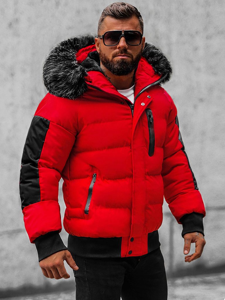 Stílusos piros téli kabát szőrmés gallérral O/M798 - Legyferfi.hu