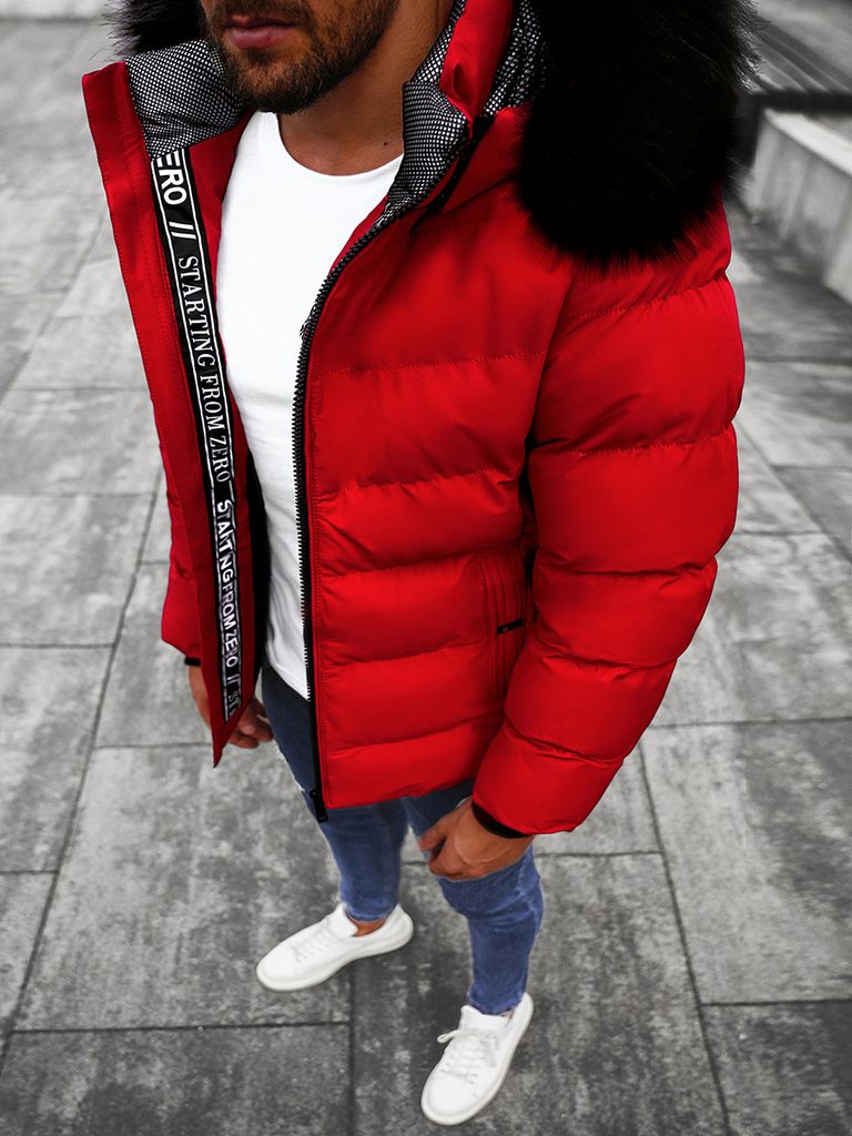 Trendi piros téli kabát szőrme gallérral JS/M8106 - Legyferfi.hu