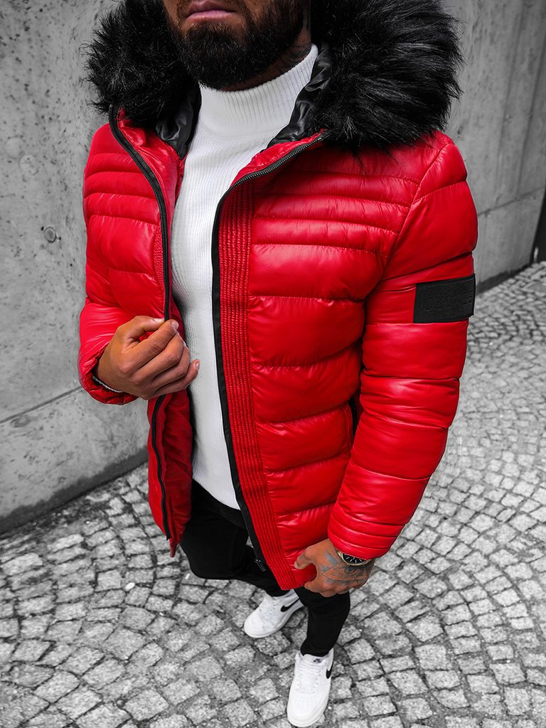 Stílusos piros kabát szőrmés gallérral O/M801Z - Legyferfi.hu