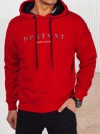 Piros kapucnis pulóver felirattal