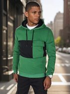 Érdekes zöld pulóver zsebbel és kapucnival