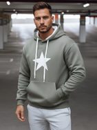 Khaki színű férfi kapucnis pulóver nyomtatással és kapucnival