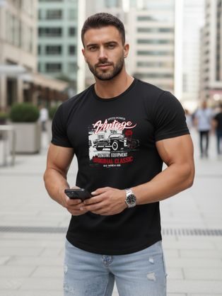 Férfi fekete póló VINTAGE CAR nyomtatással