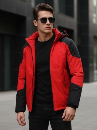 Piros és fekete téli kabát kapucnival