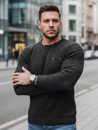 Sötét szürke kötött pulóver divatos lyukakkal