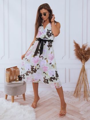 Szenzációs könnyed fehér női ruha fekete-rózsaszín mintával Bali
