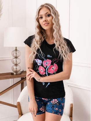 Fekete női pizsama virágmintával ULR111