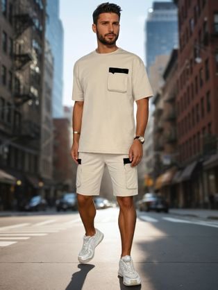 Egyedi férfi szett zsebekkel krém színben