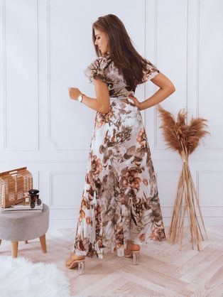 Csodálatos világosszürke nyári női maxi ruha barna levelekkel Crespo