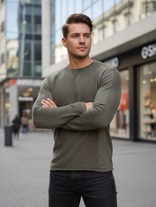 Divatos férfi pulóver khaki színben