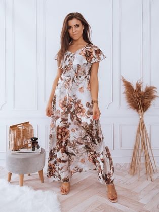 Csodálatos világosszürke nyári női maxi ruha barna levelekkel Crespo