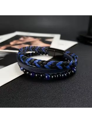 Férfi fekete bőr karkötő fém elemekkel