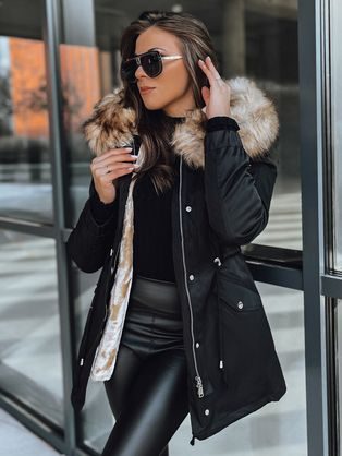 Női fekete parka kabát szőrmével Garnet
