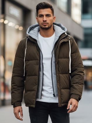 Érdekes khaki téli kabát kapucnival