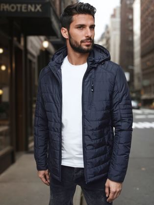 Modern átmeneti sötétkék kabát kapucnival