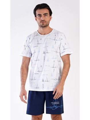Fehér és sötétkék férfi pizsama Sailboat