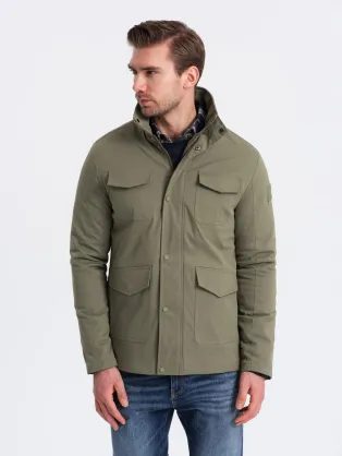 Férfi khaki kabát magas gallérral és zsebekkel V3 JALP-0167