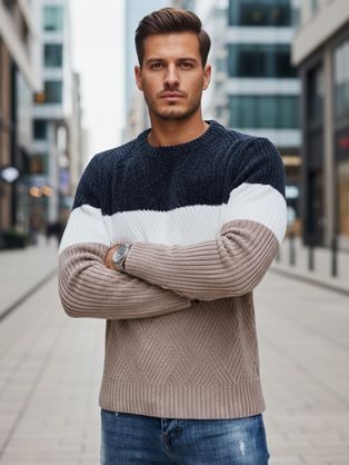 Férfi háromszínű csíkos pulóver